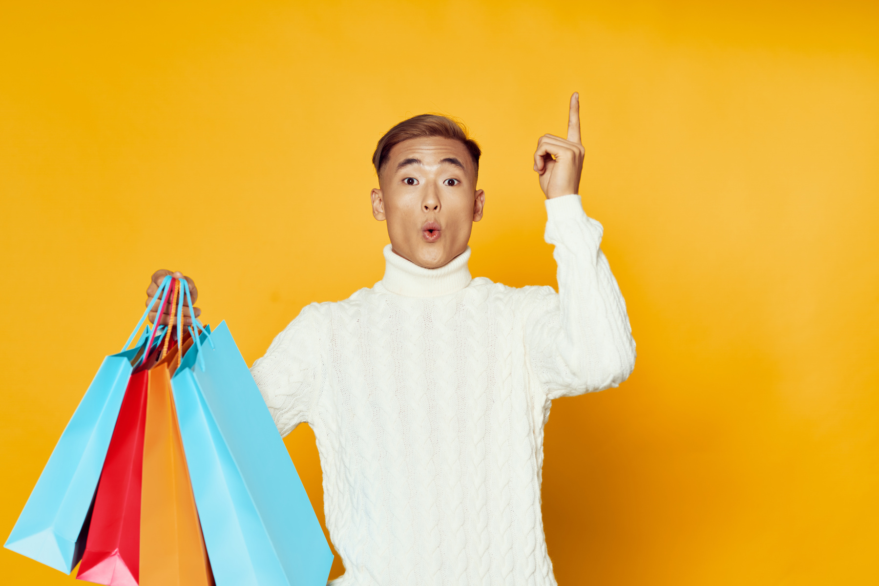 Gift Bags Handsome Man Gesturing with Hands Copy Space